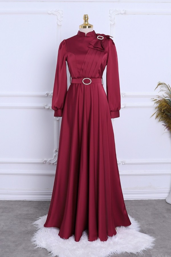 Satin Evening Dress with Brooch, Bow, Stones and Belt -Maroon