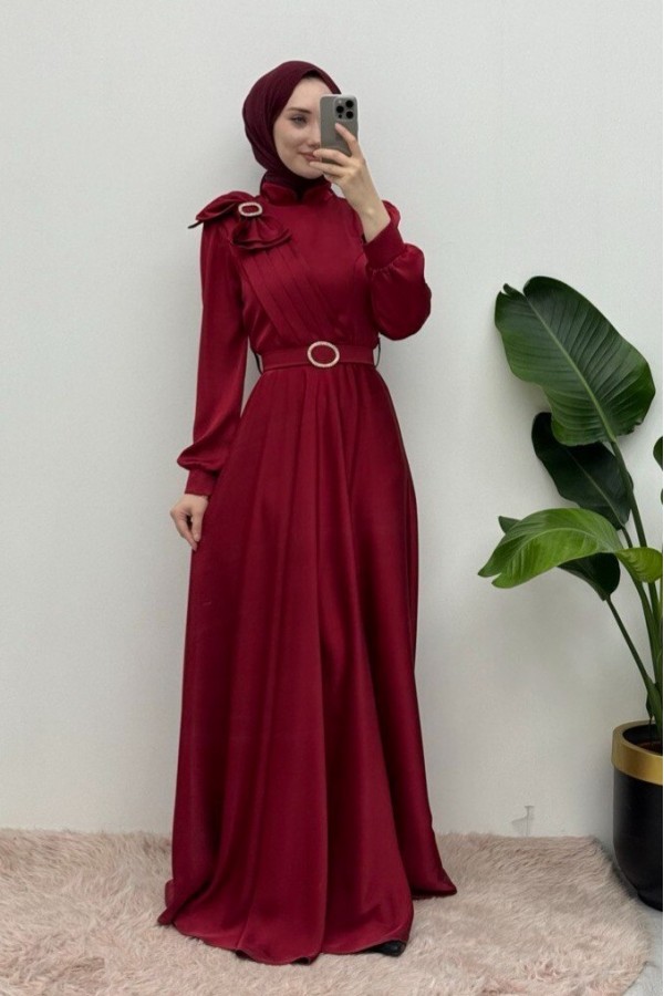 Satin Evening Dress with Brooch, Bow, Stones and Belt -Maroon