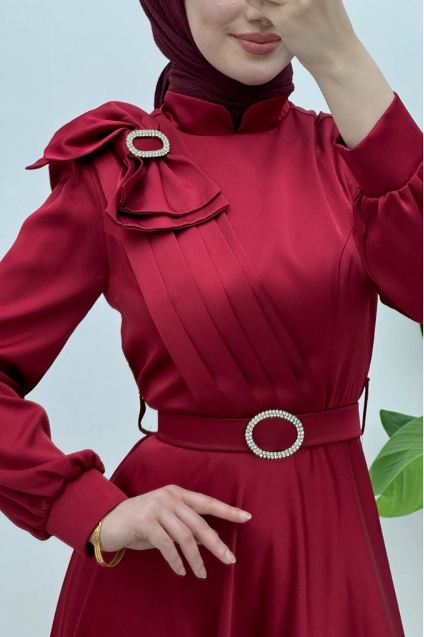 Satin Evening Dress with Brooch, Bow, Stones and Belt -Maroon