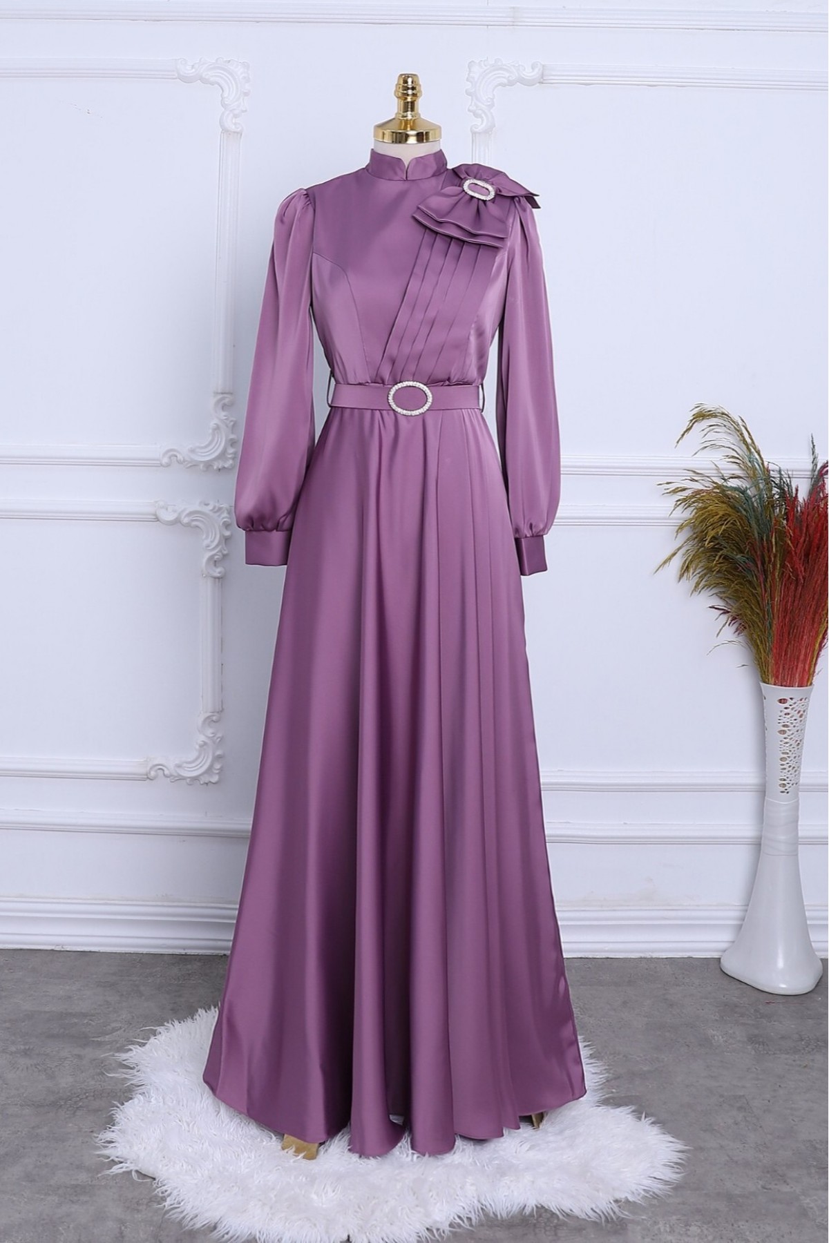 Satin Evening Dress with Brooch, Bow, Stones and Belt -Lilac