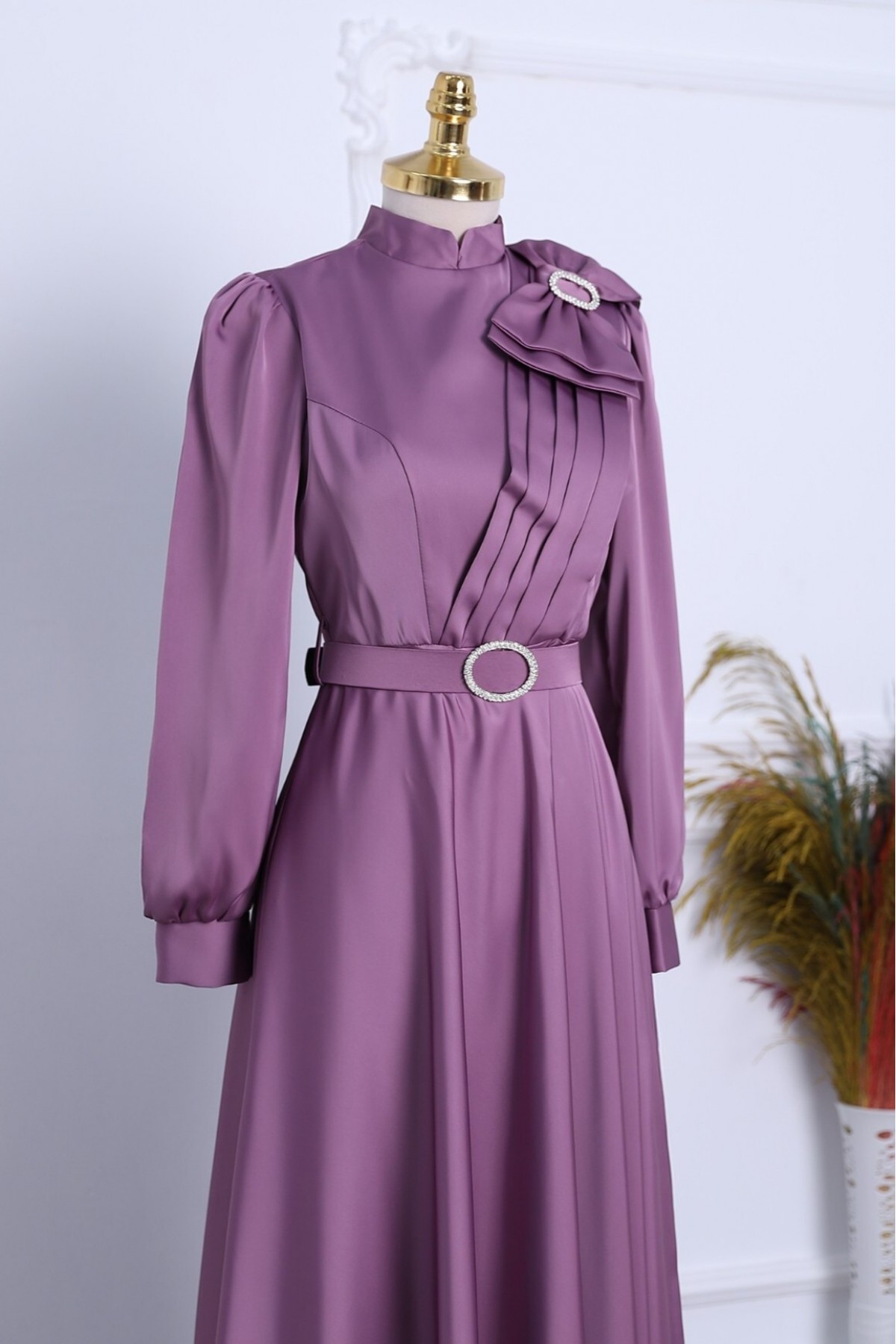 Satin Evening Dress with Brooch, Bow, Stones and Belt -Lilac