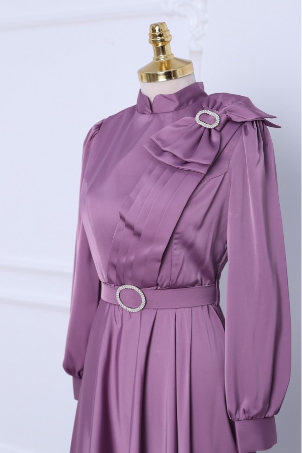 Satin Evening Dress with Brooch, Bow, Stones and Belt -Lilac