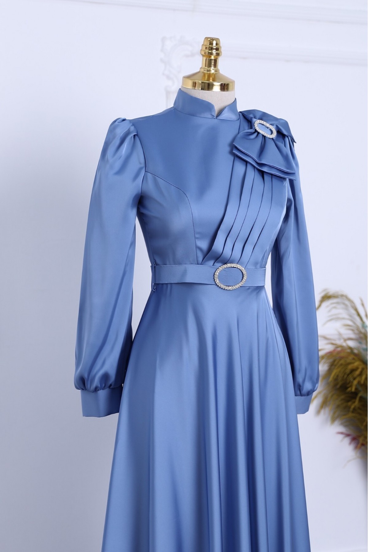 Satin Evening Dress with Brooch, Bow, Stones and Belt -Blue