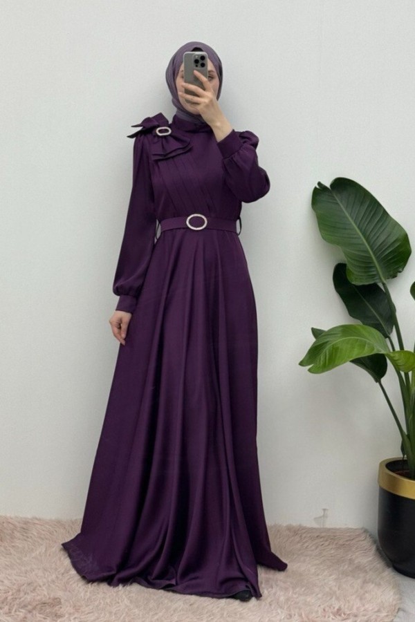 Satin Evening Dress with Brooch, Bow, Stones and Belt - Purple