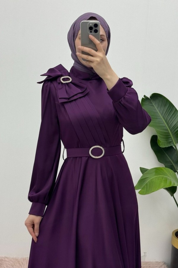 Satin Evening Dress with Brooch, Bow, Stones and Belt - Purple