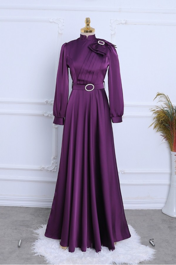 Satin Evening Dress with Brooch, Bow, Stones and Belt - Purple