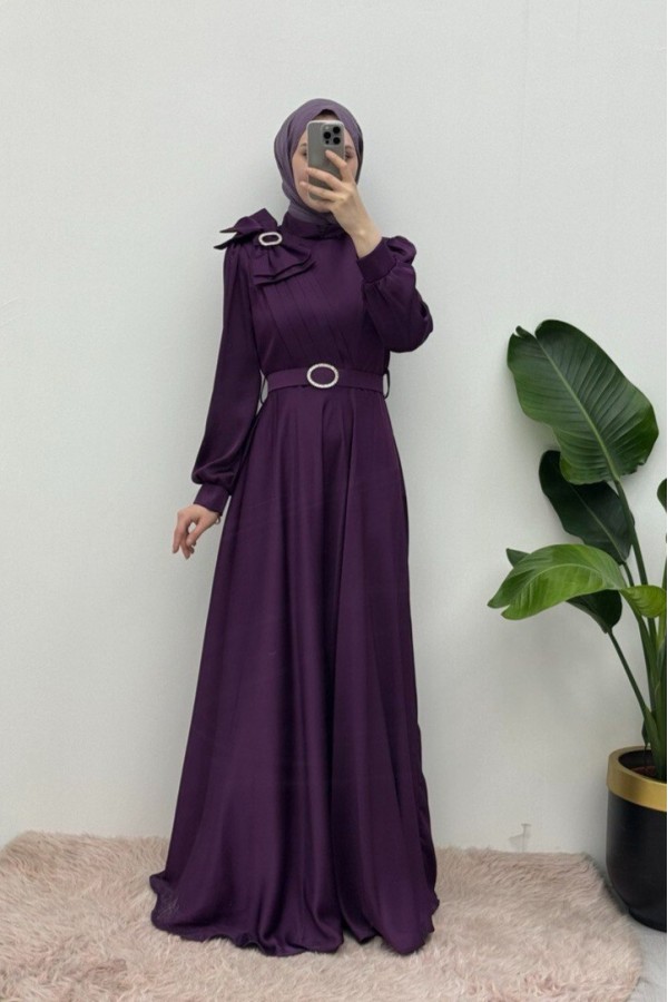 Satin Evening Dress with Brooch, Bow, Stones and Belt - Purple