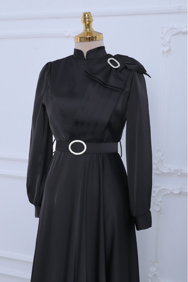 Satin Evening Dress with Brooch, Bow, Stones and Belt -Black