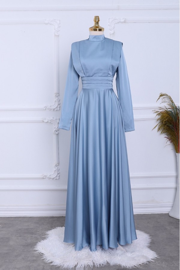 Waist Pleat Detailed Front Double Layer Satin Evening Dress -Baby Blue