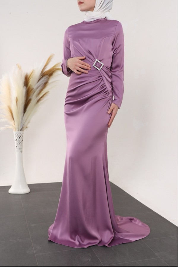 Side Pleated Stone Taka Detailed Satin Evening Dress -Lilac