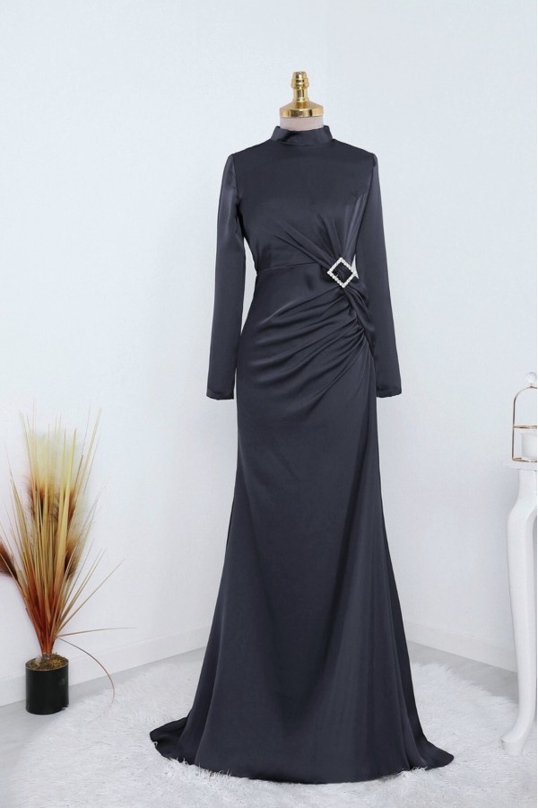 Side Pleated Stone Taka Detailed Satin Evening Dress -Black
