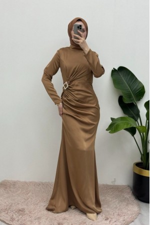 Side Pleated Stone Taka Detailed Satin Evening Dress -Mink color