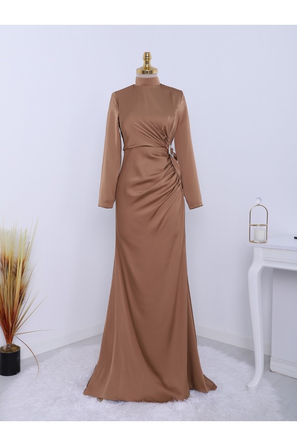 Side Pleated Stone Taka Detailed Satin Evening Dress -Mink color