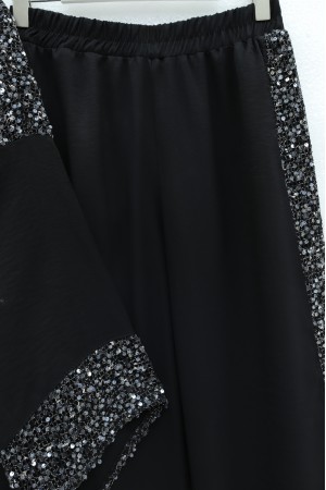 Linen Kimono Set with Sequined Shoulder and Arm Belt and Trousers -Black