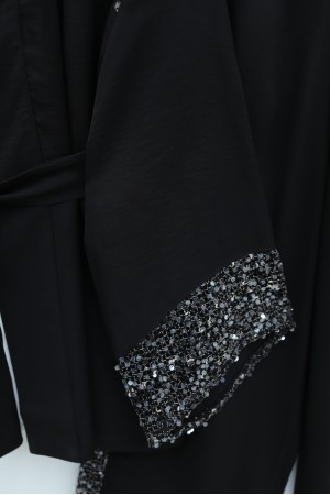 Linen Kimono Set with Sequined Shoulder and Arm Belt and Trousers -Black
