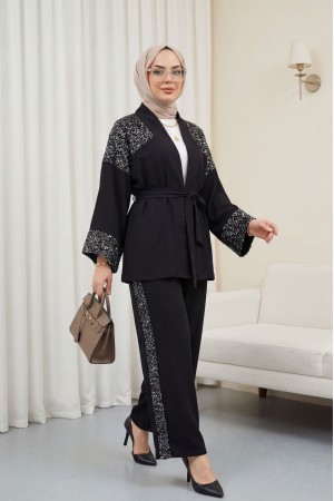 Linen Kimono Set with Sequined Shoulder and Arm Belt and Trousers -Black