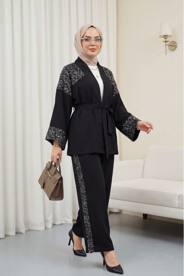 Omzu Ve Kolu Pul Payet Kemerli Pantolonlu Keten Görünümlü Kimono Takım  -Siyah