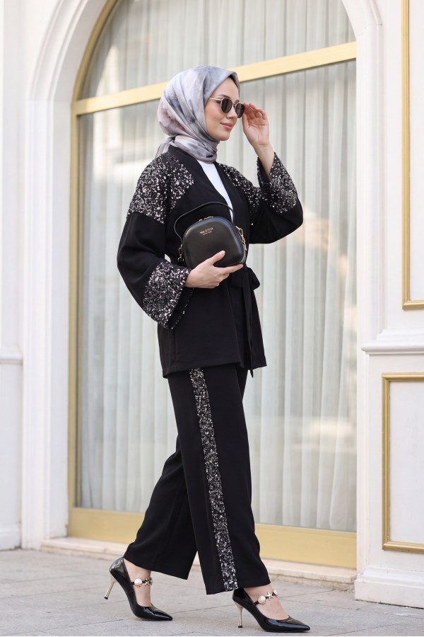 Omzu Ve Kolu Pul Payet Kemerli Pantolonlu Keten Görünümlü Kimono Takım  -Siyah