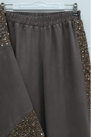 Linen Kimono Set with Sequined Shoulder and Arm Belt and Trousers - Soil