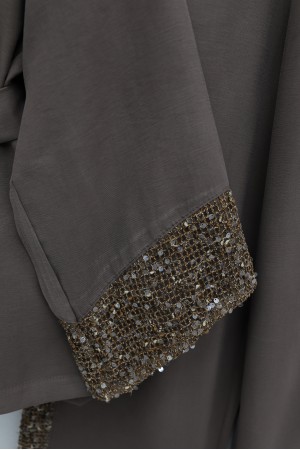 Linen Kimono Set with Sequined Shoulder and Arm Belt and Trousers - Soil