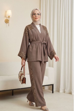 Linen Kimono Set with Sequined Shoulder and Arm Belt and Trousers - Soil