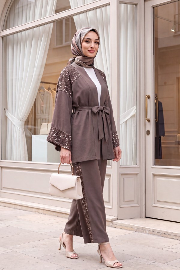 Omzu Ve Kolu Pul Payet Kemerli Pantolonlu Keten Görünümlü Kimono Takım  -Toprak