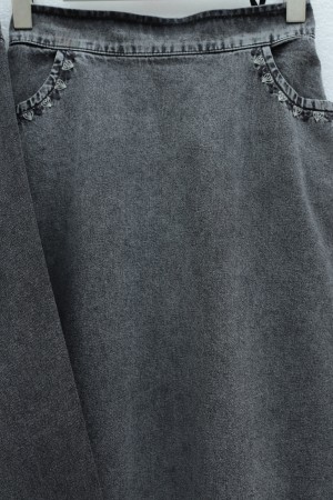 Denim Skirt Set with Embroidered Details, Double Pockets, and Button-Front Closure. -Smoked 