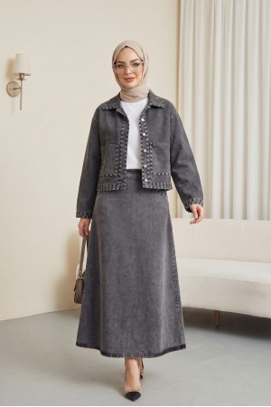 Denim Skirt Set with Embroidered Details, Double Pockets, and Button-Front Closure. -Smoked 