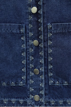 Denim Skirt Set with Embroidered Details, Double Pockets, and Button-Front Closure. -Dark blue