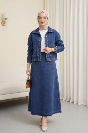Denim Skirt Set with Embroidered Details, Double Pockets, and Button-Front Closure. -Dark blue