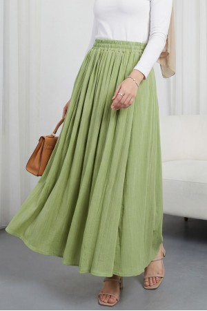 Beli Lastikli Astarlı Uzun Gofre Etek -A.Yeşil