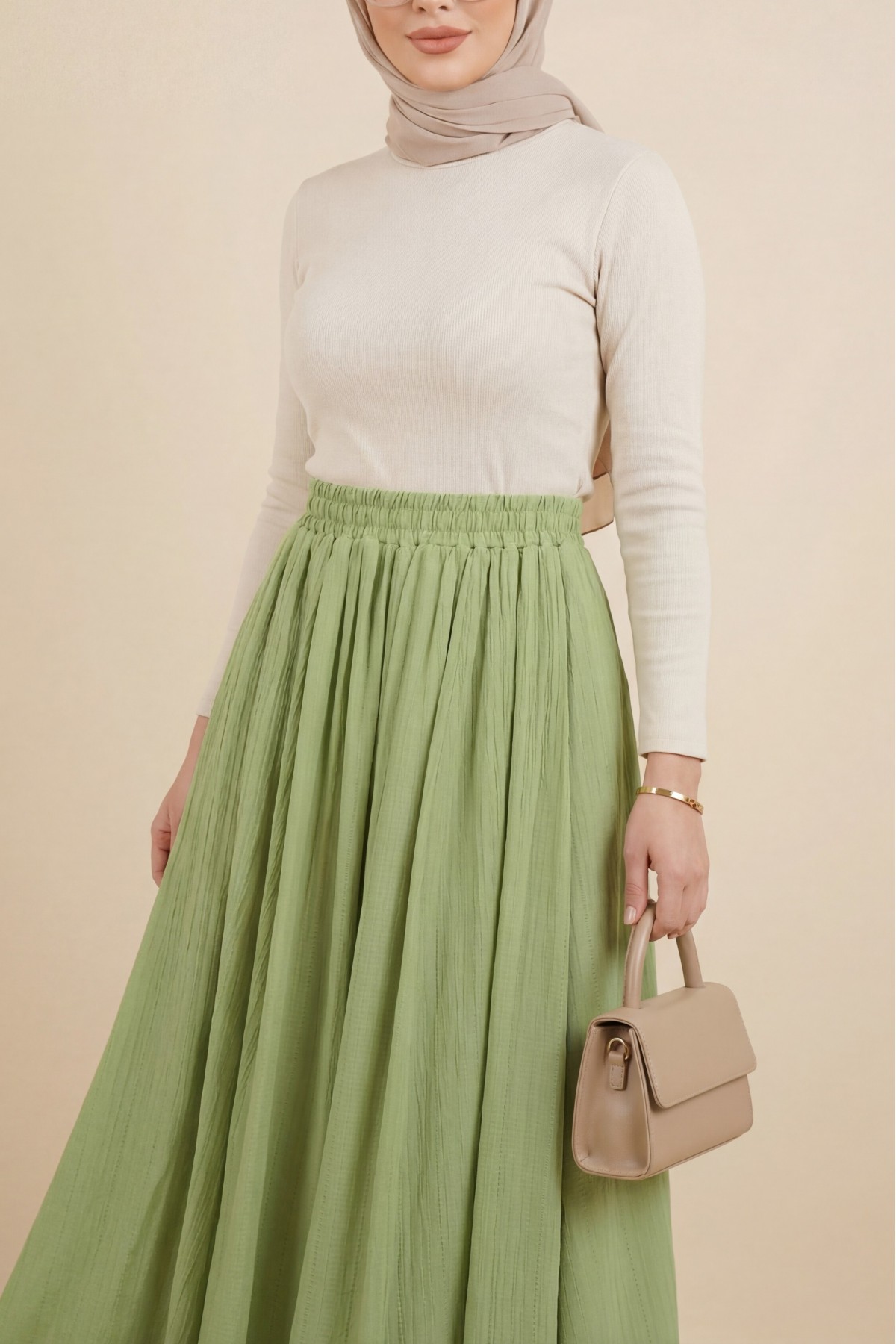 Long, Lined, Elastic Waist Waffle Skirt -LIGHT GREEN