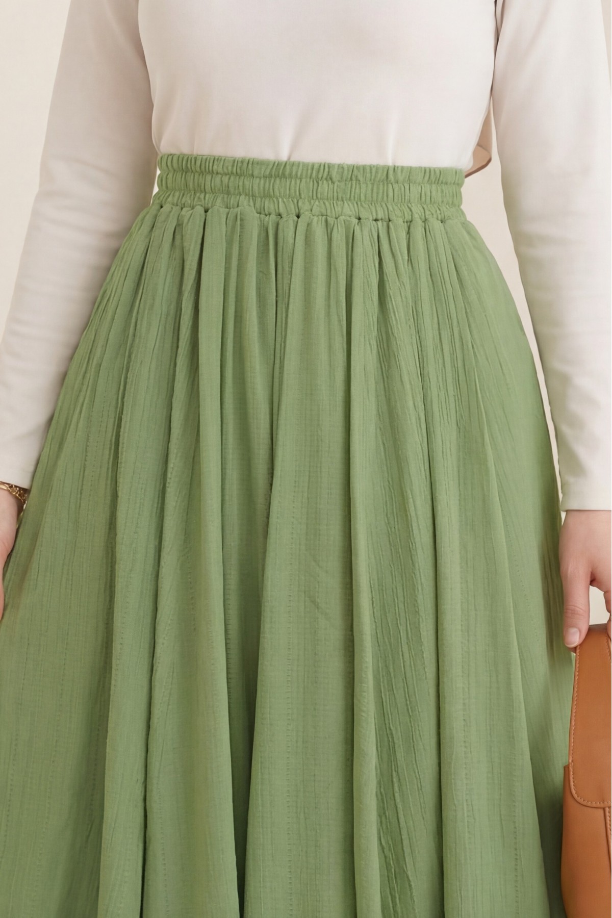 Long, Lined, Elastic Waist Waffle Skirt -LIGHT GREEN detay görseli