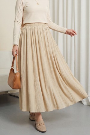 Beli Lastikli Astarlı Uzun Gofre Etek -Açık Vizon