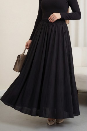 Beli Lastikli Astarlı Uzun Gofre Etek -Siyah