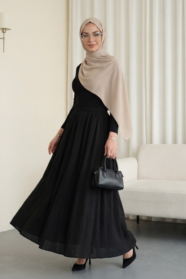 Long, Lined, Elastic Waist Waffle Skirt -Black