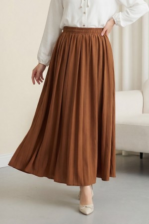 Beli Lastikli Astarlı Uzun Gofre Etek -Taba