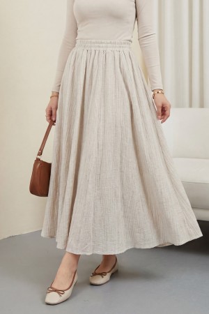 Beli Lastikli Astarlı Uzun Gofre Etek -Taş