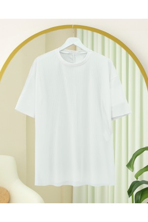 Bisiklet Yaka Fitilli Yırtmaçlı Tişort -Beyaz