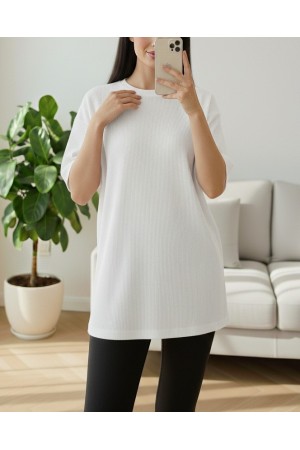 Bisiklet Yaka Fitilli Yırtmaçlı Tişort -Beyaz