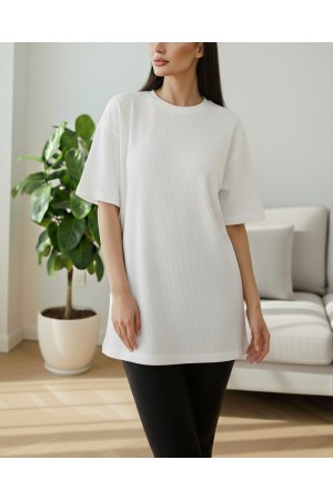 Bisiklet Yaka Fitilli Yırtmaçlı Tişort -Beyaz