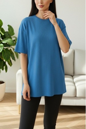 تي شيرت بفتحة رقبة دائرية مضلعة -أزرق