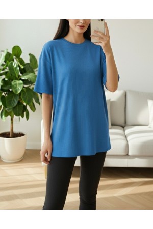 تي شيرت بفتحة رقبة دائرية مضلعة -أزرق