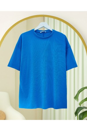 Bisiklet Yaka Fitilli Yırtmaçlı Tişort -Mavi