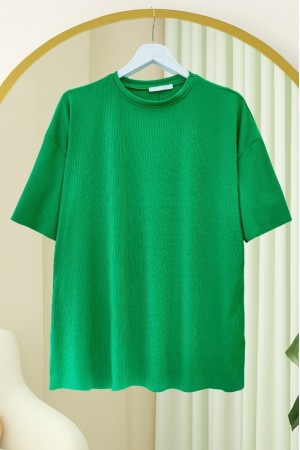 Bisiklet Yaka Fitilli Yırtmaçlı Tişort -Yeşil