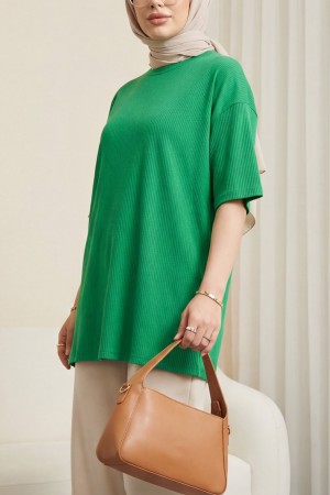 تي شيرت بفتحة رقبة دائرية مضلعة -أخضر