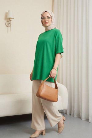 تي شيرت بفتحة رقبة دائرية مضلعة -أخضر