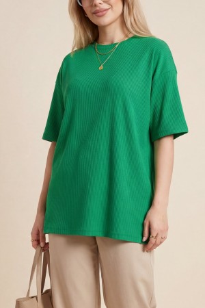 Bisiklet Yaka Fitilli Yırtmaçlı Tişort -Yeşil