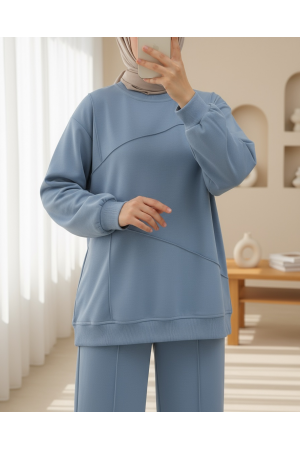 İki İp Çimalı Pantolonlu Penye Takım -Bebe Mavi