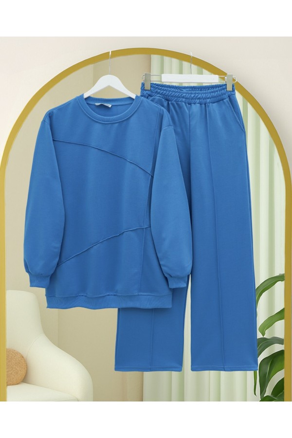 Combed Cotton Suit with Two-String Grass Trousers -Blue